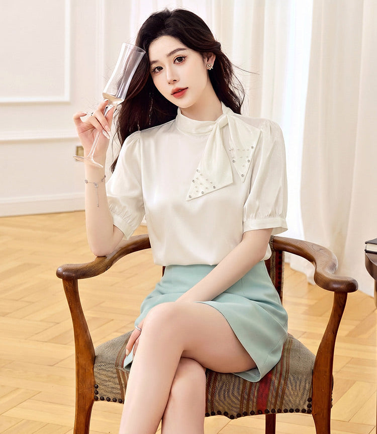 Pastel Satin Blouse With Embellish Bow Neck And Puff Sleeves