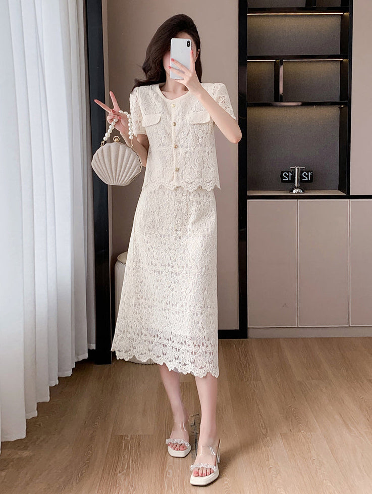 Short Sleeve Floral Lace Matching Set | Elegant Scalloped Summer Dress