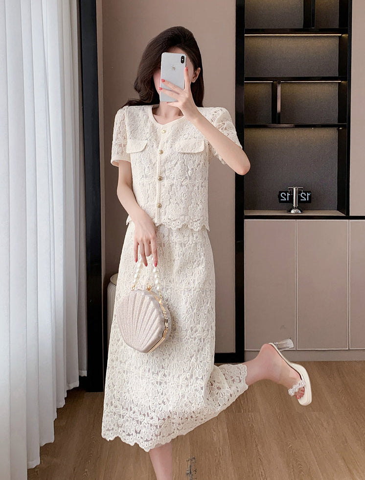 Short Sleeve Floral Lace Matching Set | Elegant Scalloped Summer Dress