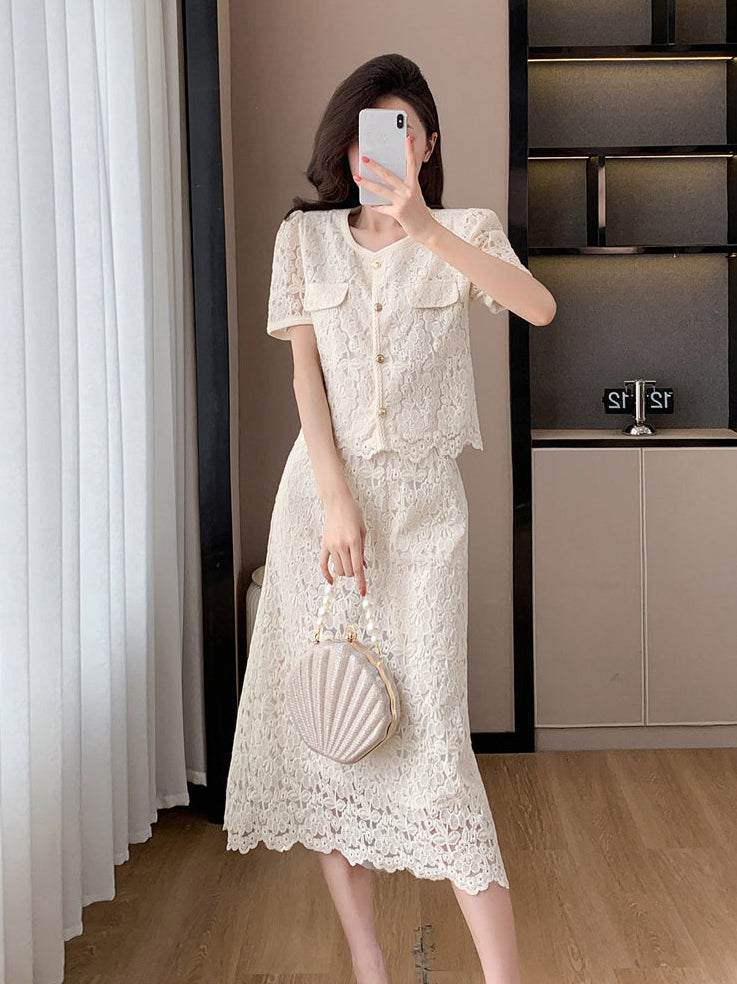Short Sleeve Floral Lace Matching Set | Elegant Scalloped Summer Dress