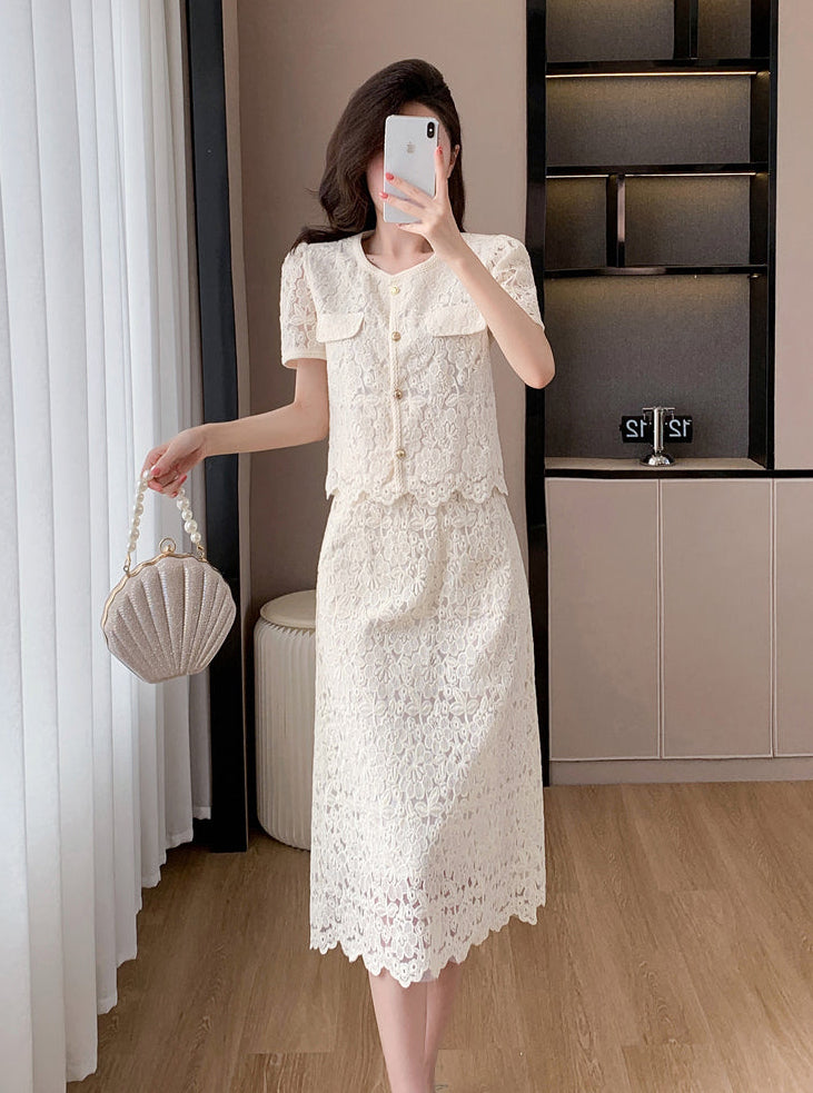 Short Sleeve Floral Lace Matching Set | Elegant Scalloped Summer Dress