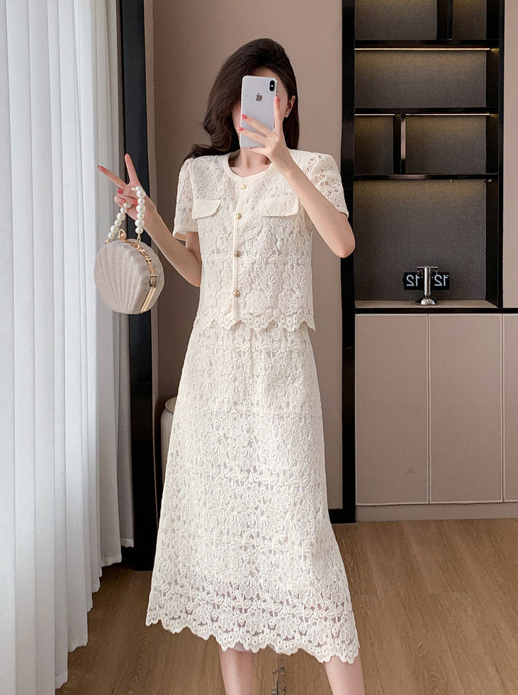 Short Sleeve Floral Lace Matching Set | Elegant Scalloped Summer Dress