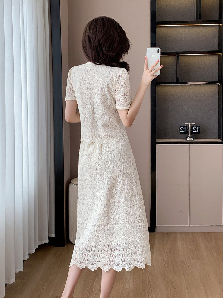 Short Sleeve Floral Lace Matching Set | Elegant Scalloped Summer Dress