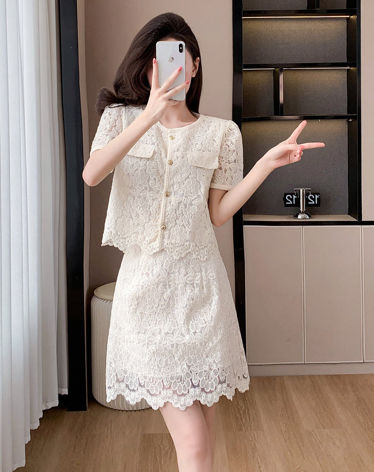Short Sleeve Floral Lace Matching Set | Elegant Scalloped Summer Dress