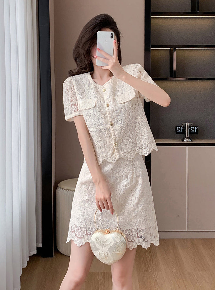 Short Sleeve Floral Lace Matching Set | Elegant Scalloped Summer Dress