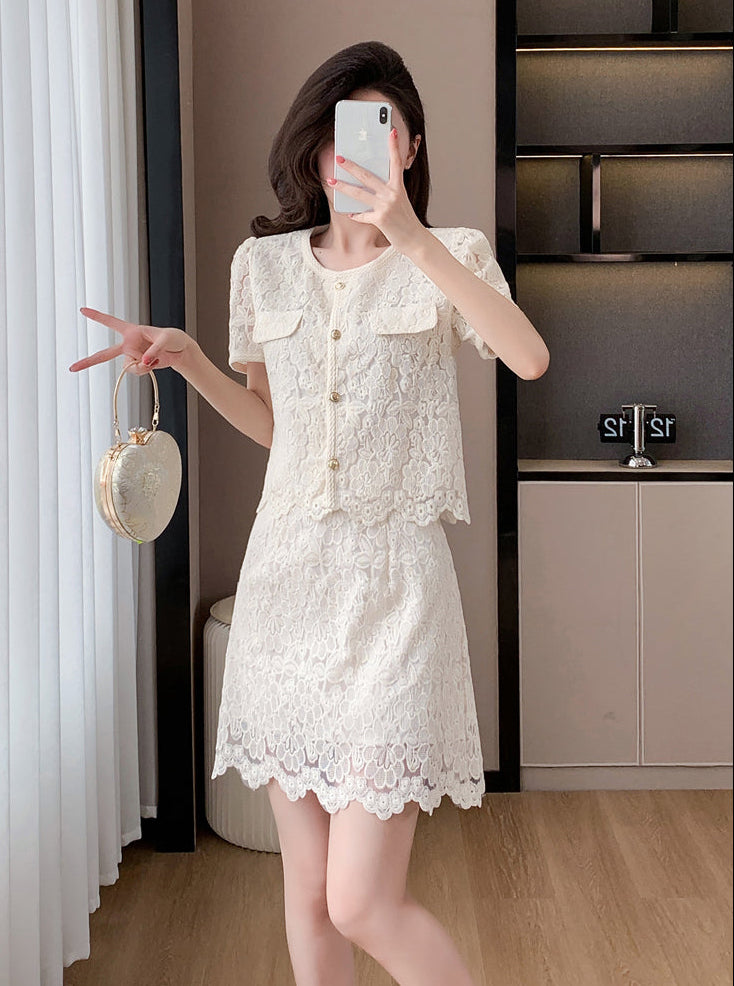 Short Sleeve Floral Lace Matching Set | Elegant Scalloped Summer Dress