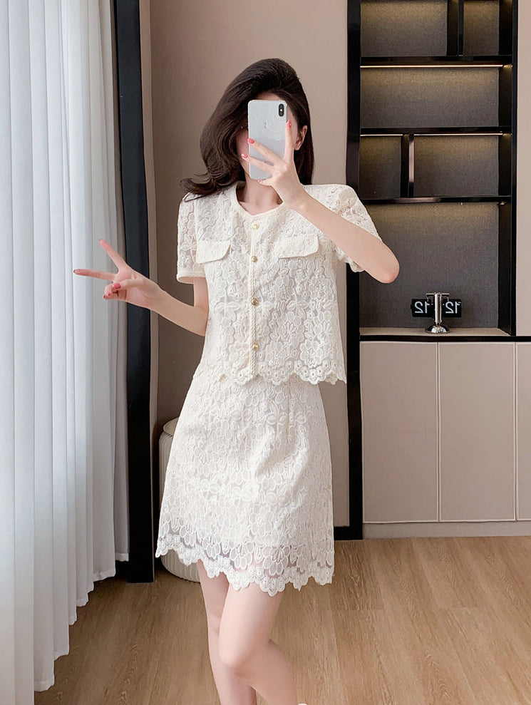 Short Sleeve Floral Lace Matching Set | Elegant Scalloped Summer Dress