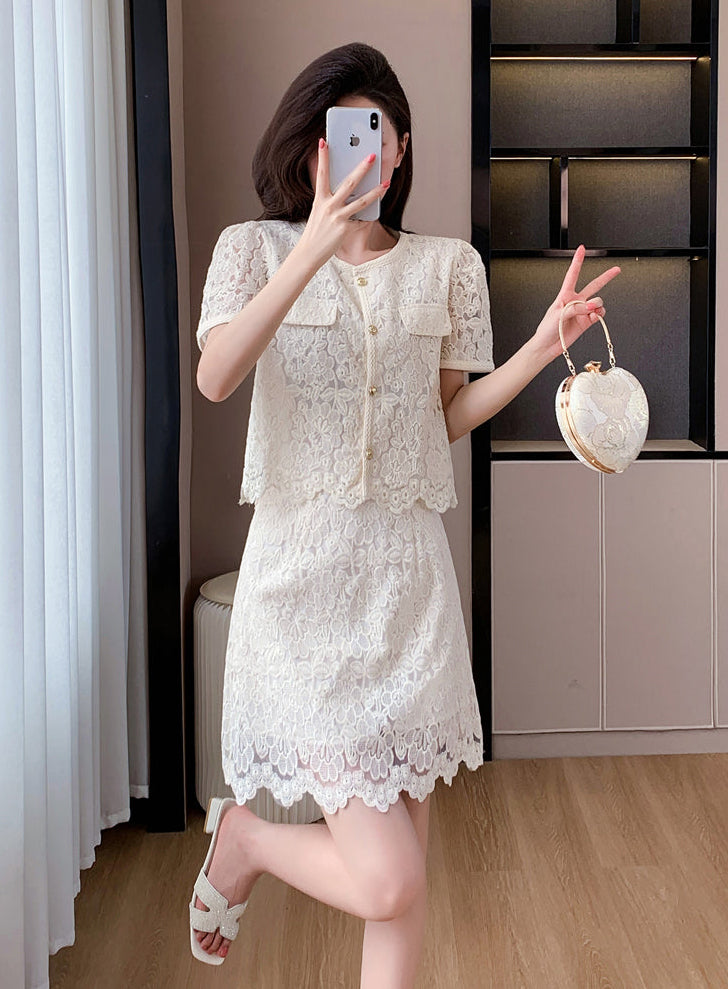 Short Sleeve Floral Lace Matching Set | Elegant Scalloped Summer Dress
