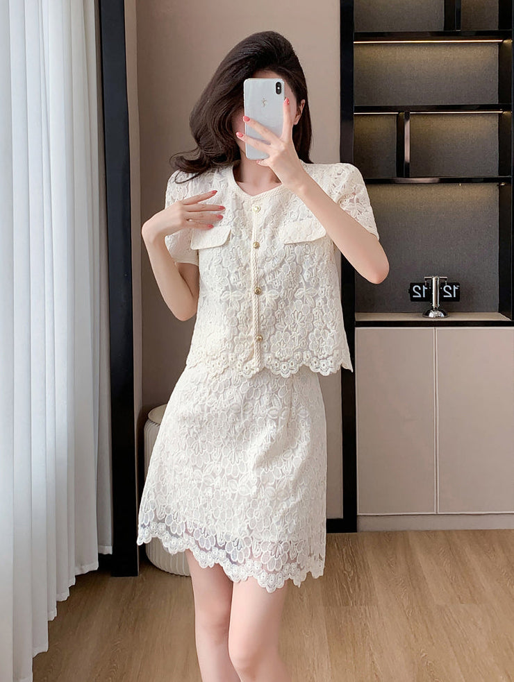 Short Sleeve Floral Lace Matching Set | Elegant Scalloped Summer Dress
