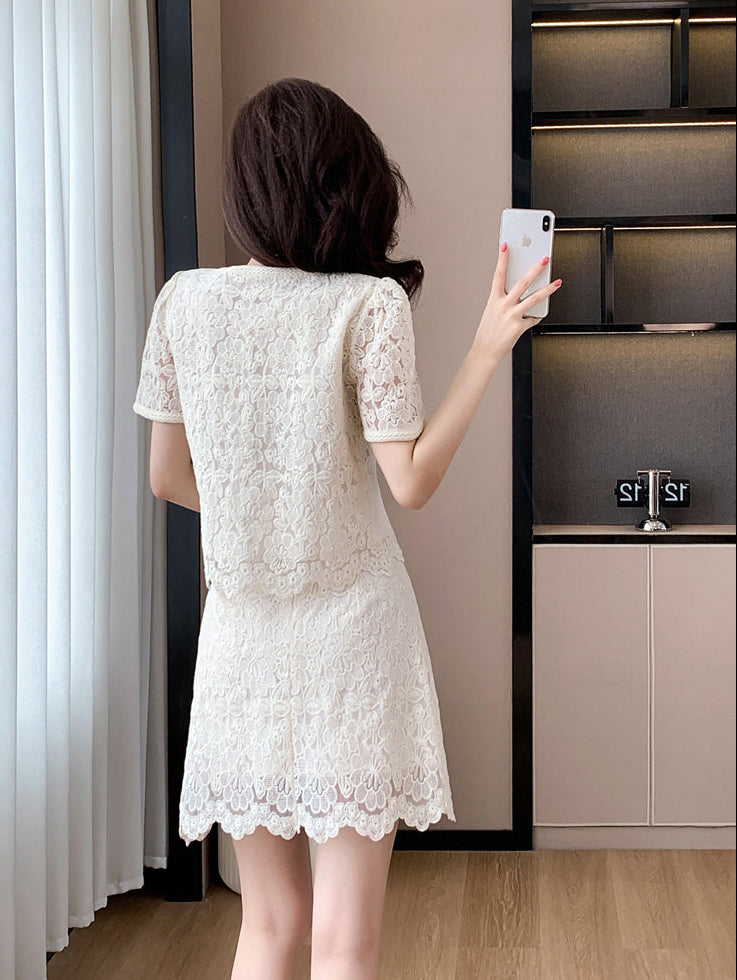 Short Sleeve Floral Lace Matching Set | Elegant Scalloped Summer Dress