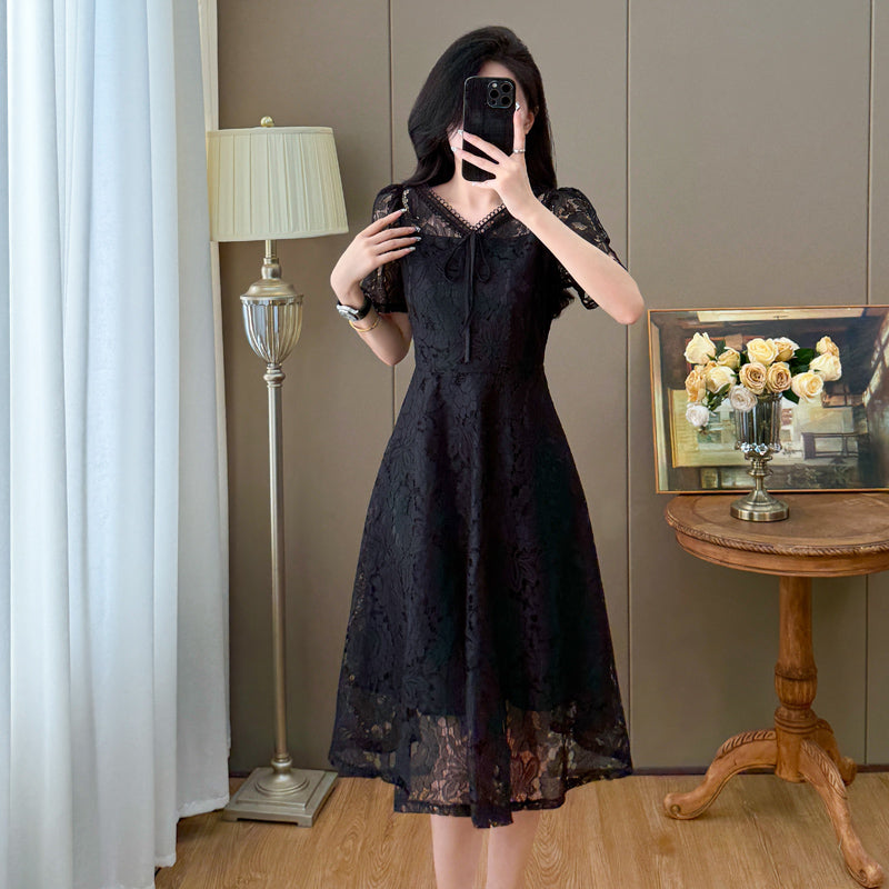 Short Sleeve Floral Lace Tie-Front Midi Dress