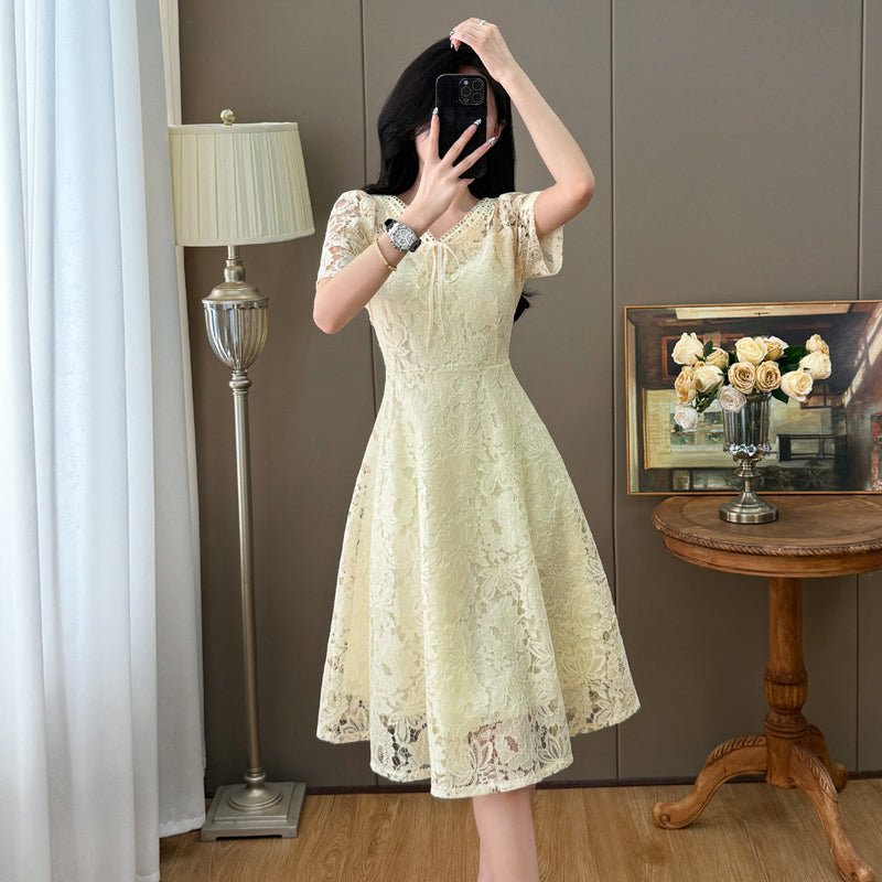 Short Sleeve Floral Lace Tie-Front Midi Dress