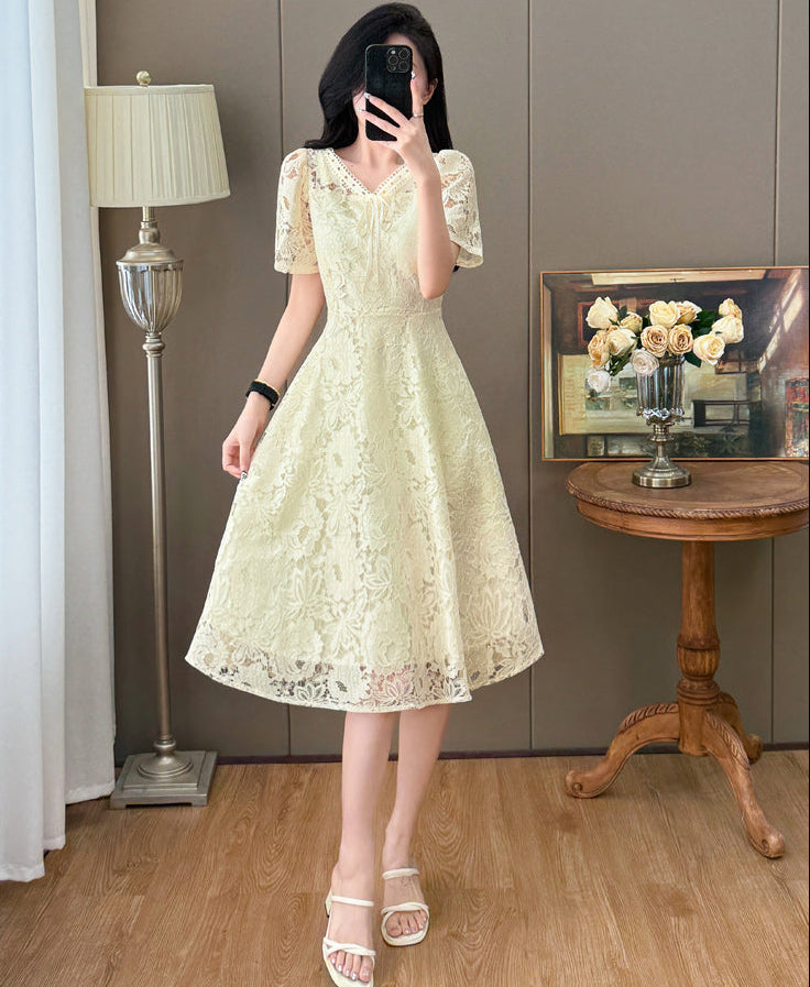 Short Sleeve Floral Lace Tie-Front Midi Dress