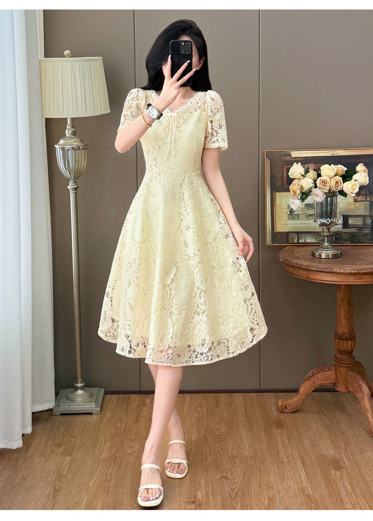 Short Sleeve Floral Lace Tie-Front Midi Dress