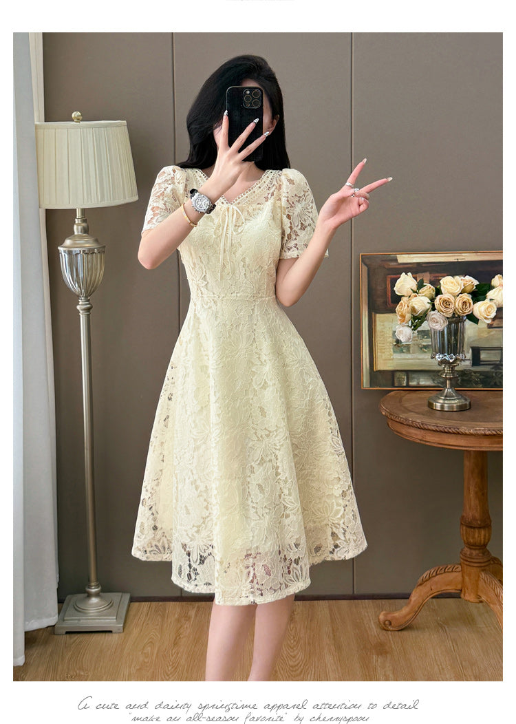 Short Sleeve Floral Lace Tie-Front Midi Dress