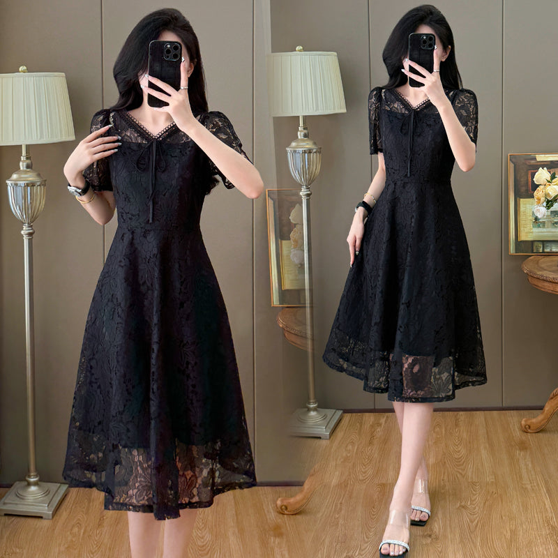 Short Sleeve Floral Lace Tie-Front Midi Dress