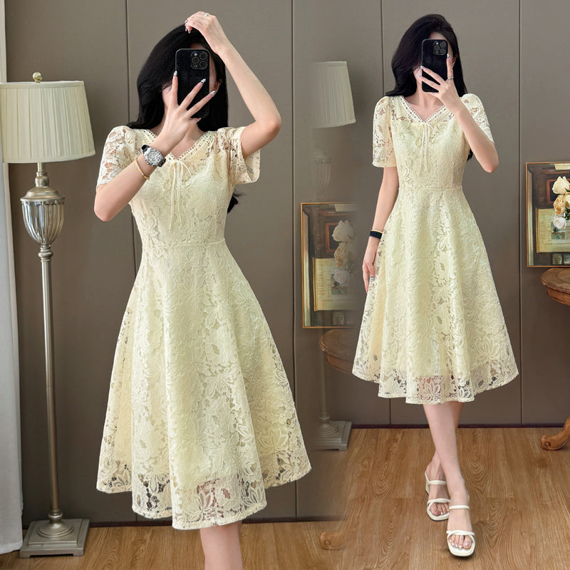 Short Sleeve Floral Lace Tie-Front Midi Dress
