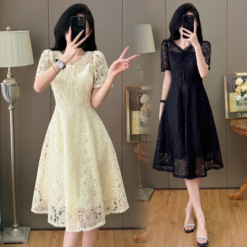 Short Sleeve Floral Lace Tie-Front Midi Dress