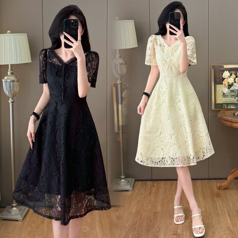 Short Sleeve Floral Lace Tie-Front Midi Dress