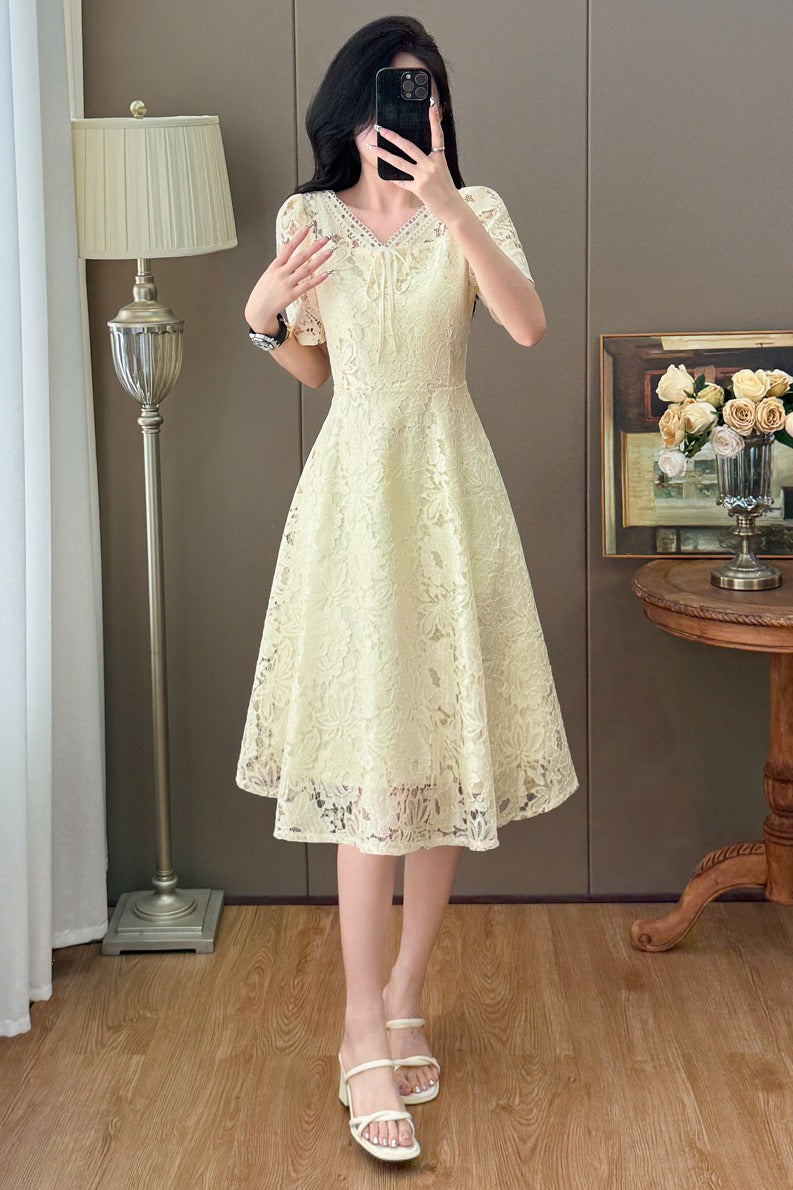 Short Sleeve Floral Lace Tie-Front Midi Dress
