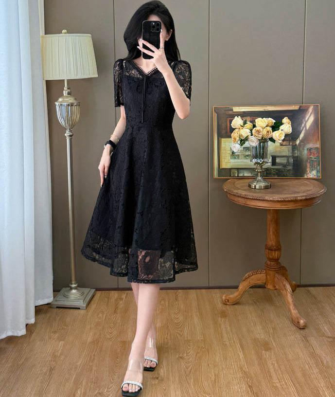 Short Sleeve Floral Lace Tie-Front Midi Dress