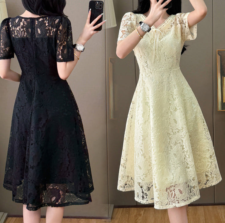 Short Sleeve Floral Lace Tie-Front Midi Dress