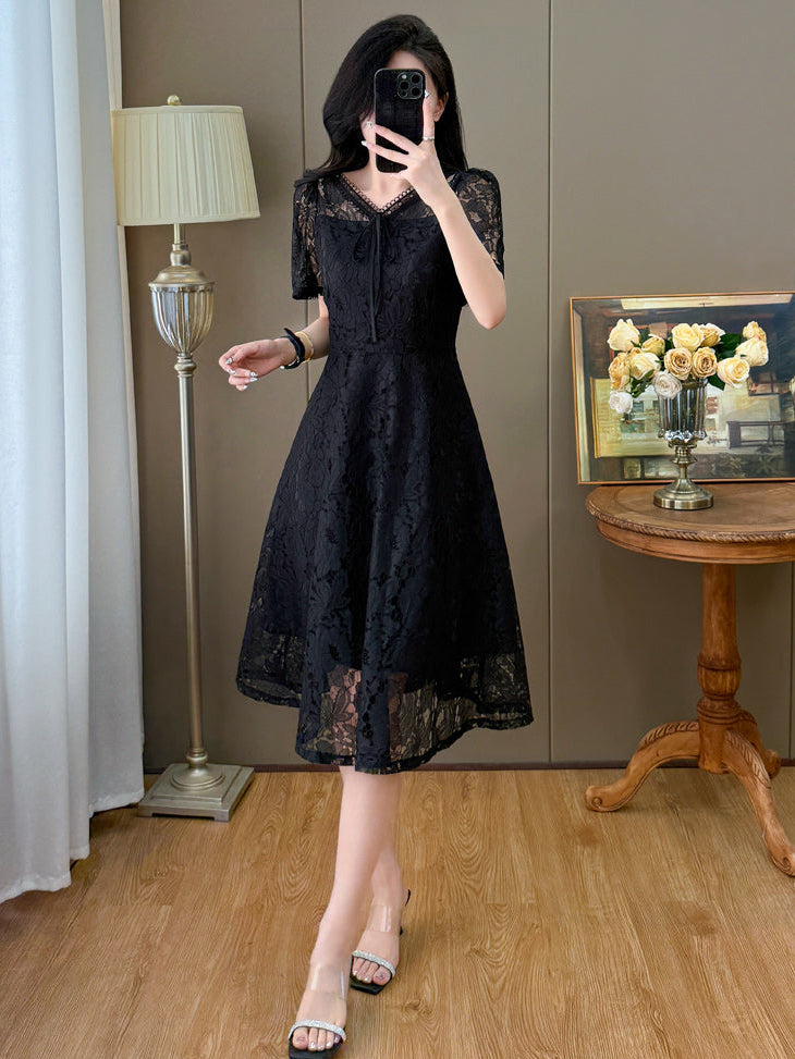 Short Sleeve Floral Lace Tie-Front Midi Dress