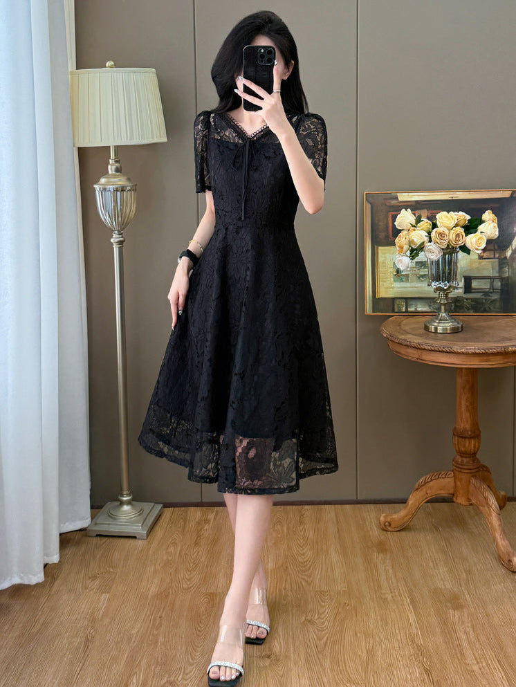 Short Sleeve Floral Lace Tie-Front Midi Dress