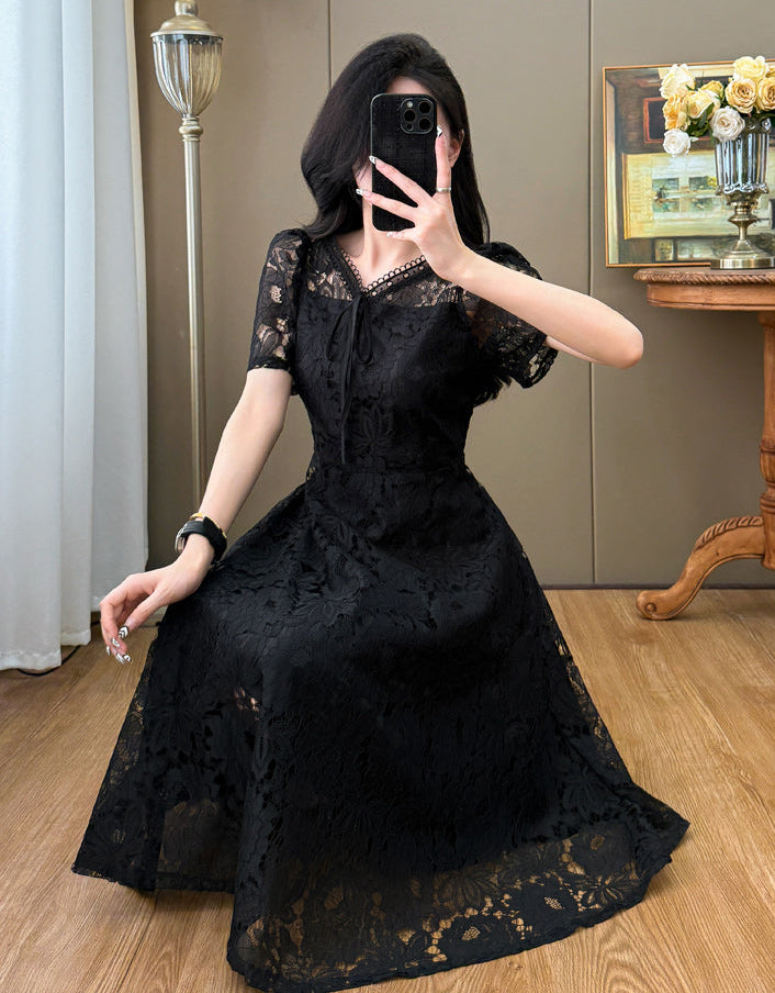 Short Sleeve Floral Lace Tie-Front Midi Dress