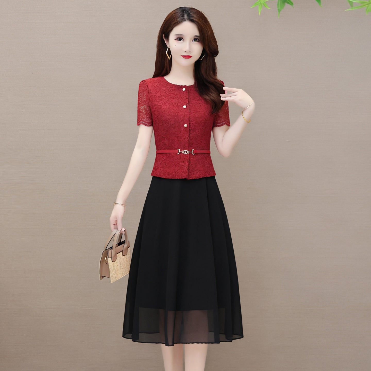 Short Sleeve Lace Button-Up Midi Dress – Elegant Belted Chiffon Skirt Combo Dress