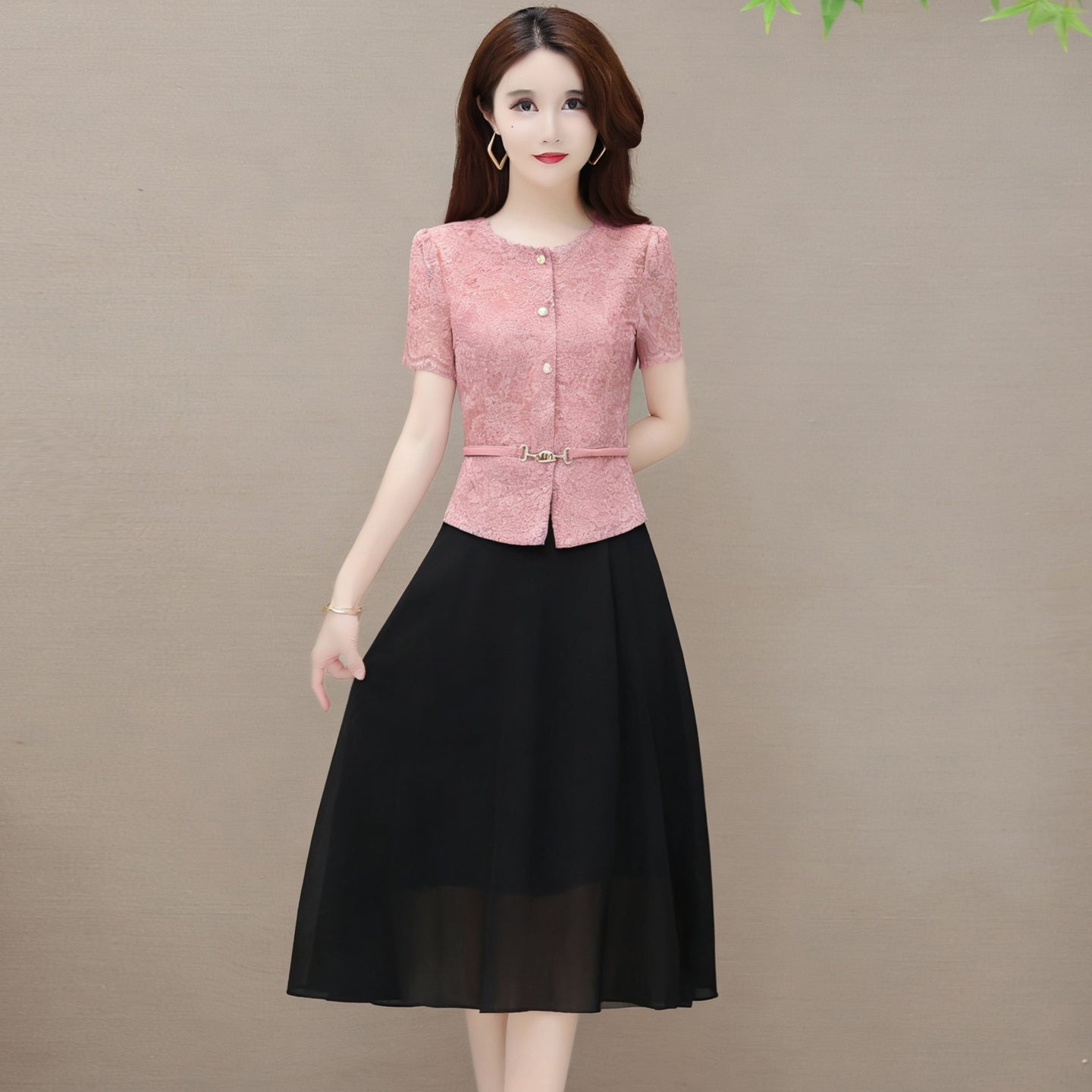 Short Sleeve Lace Button-Up Midi Dress – Elegant Belted Chiffon Skirt Combo Dress
