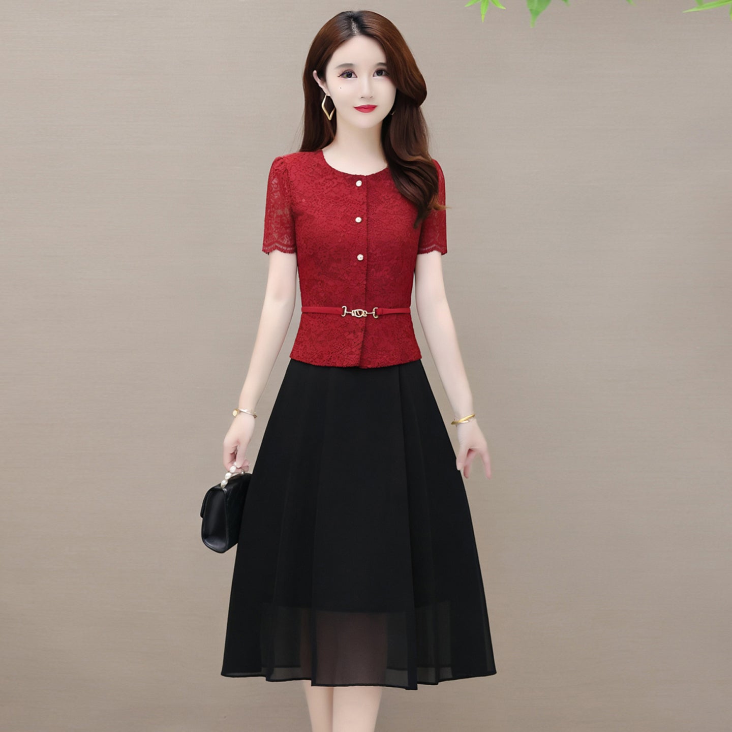 Short Sleeve Lace Button-Up Midi Dress – Elegant Belted Chiffon Skirt Combo Dress