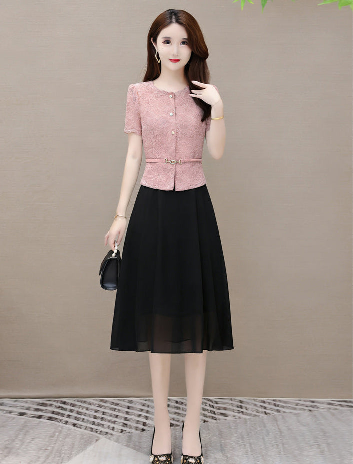 Short Sleeve Lace Button-Up Midi Dress – Elegant Belted Chiffon Skirt Combo Dress