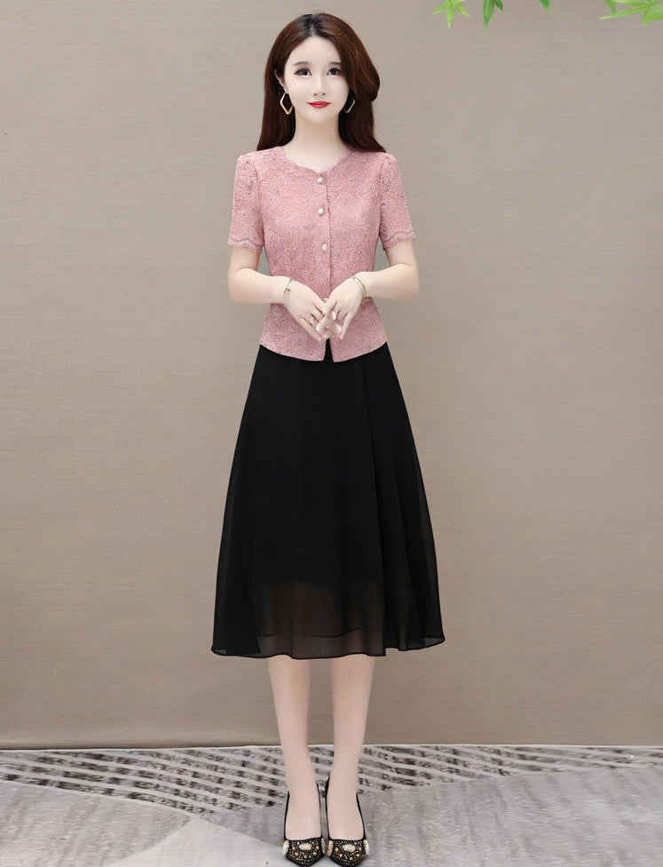 Short Sleeve Lace Button-Up Midi Dress – Elegant Belted Chiffon Skirt Combo Dress