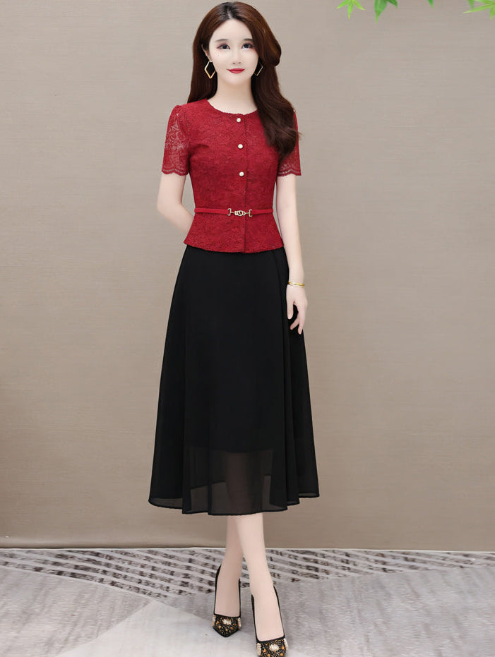 Short Sleeve Lace Button-Up Midi Dress – Elegant Belted Chiffon Skirt Combo Dress