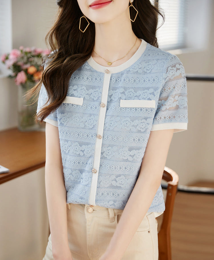 Vintage-Style Short Sleeve Lace Cardigan-Blouse in Powder Blue