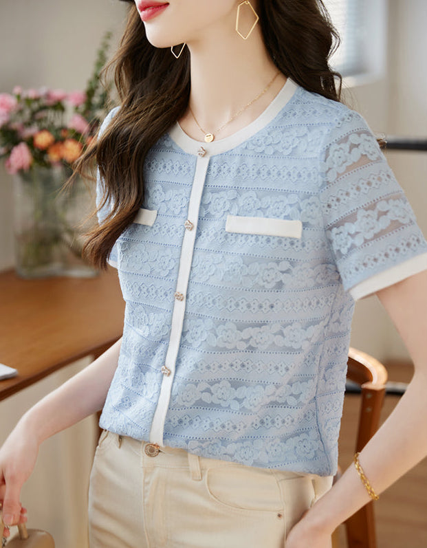 Vintage-Style Short Sleeve Lace Cardigan-Blouse in Powder Blue