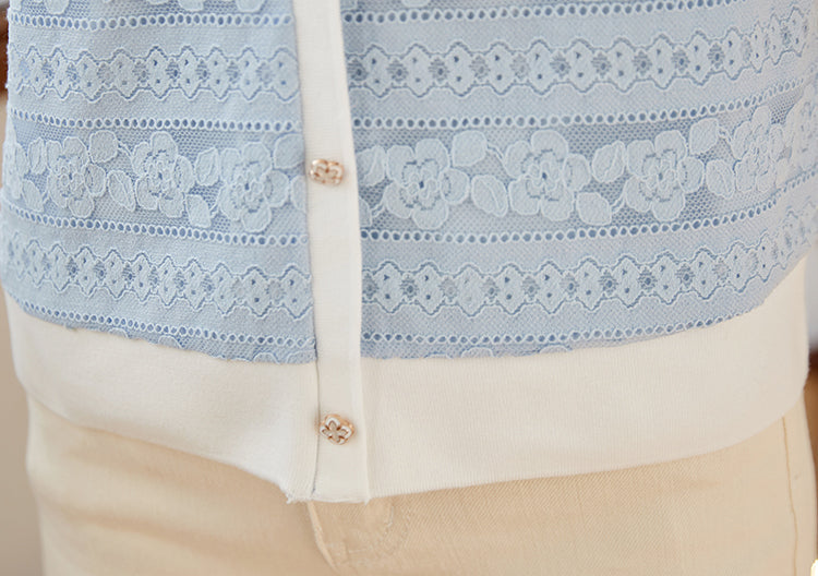 Vintage-Style Short Sleeve Lace Cardigan-Blouse in Powder Blue