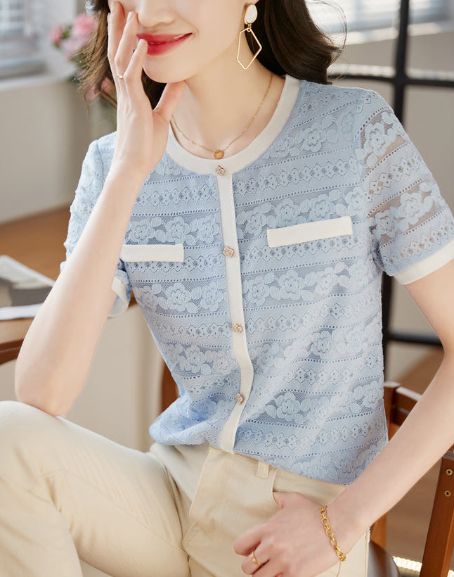 Vintage-Style Short Sleeve Lace Cardigan-Blouse in Powder Blue