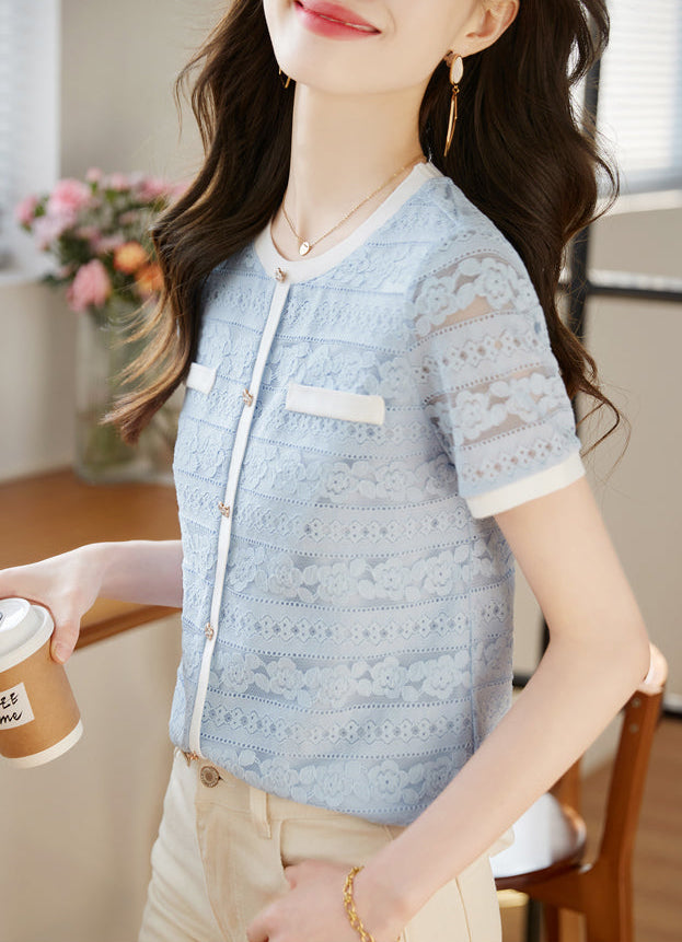 Vintage-Style Short Sleeve Lace Cardigan-Blouse in Powder Blue