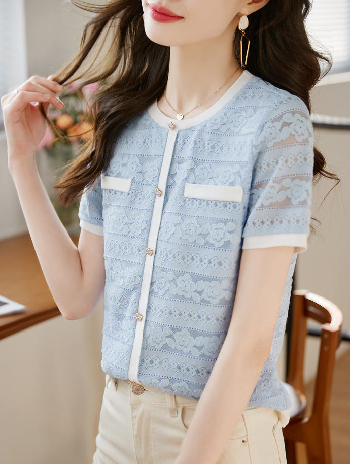 Vintage-Style Short Sleeve Lace Cardigan-Blouse in Powder Blue