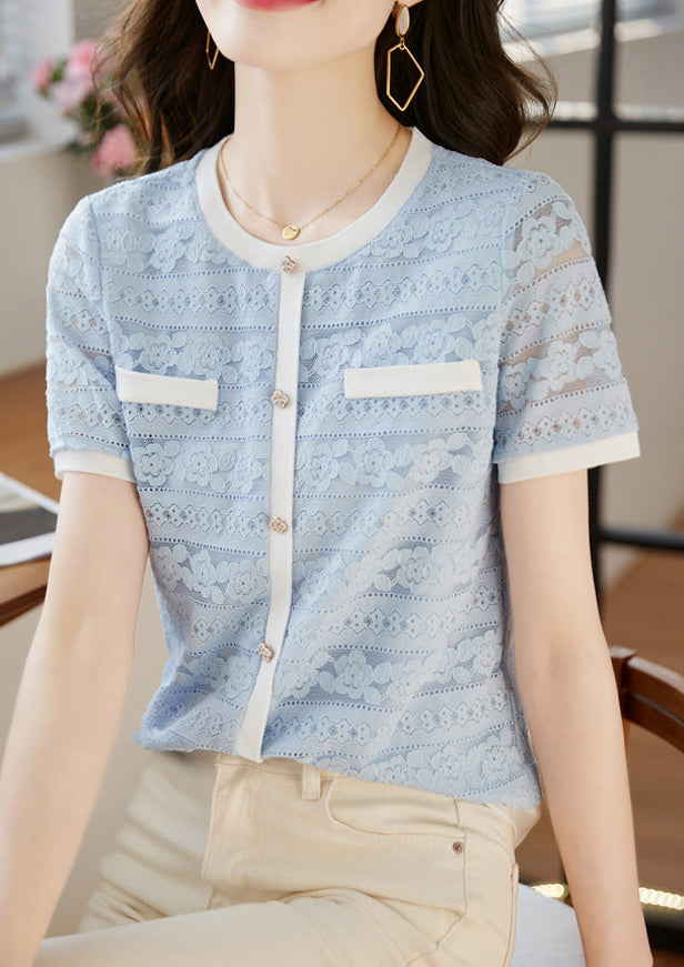 Vintage-Style Short Sleeve Lace Cardigan-Blouse in Powder Blue