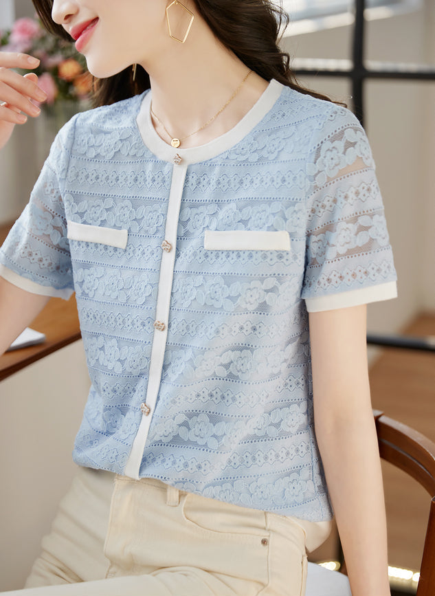 Vintage-Style Short Sleeve Lace Cardigan-Blouse in Powder Blue