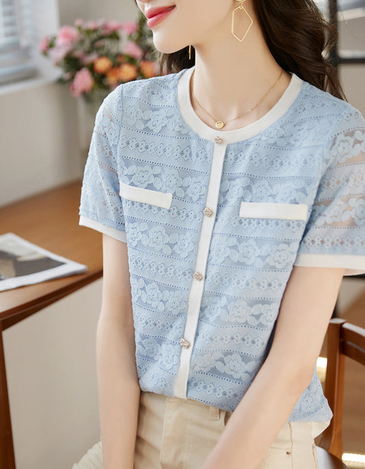 Vintage-Style Short Sleeve Lace Cardigan-Blouse in Powder Blue