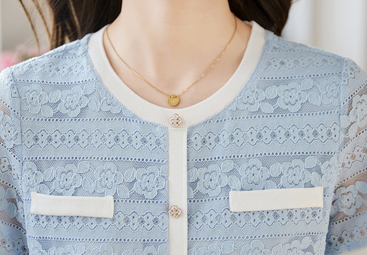 Vintage-Style Short Sleeve Lace Cardigan-Blouse in Powder Blue