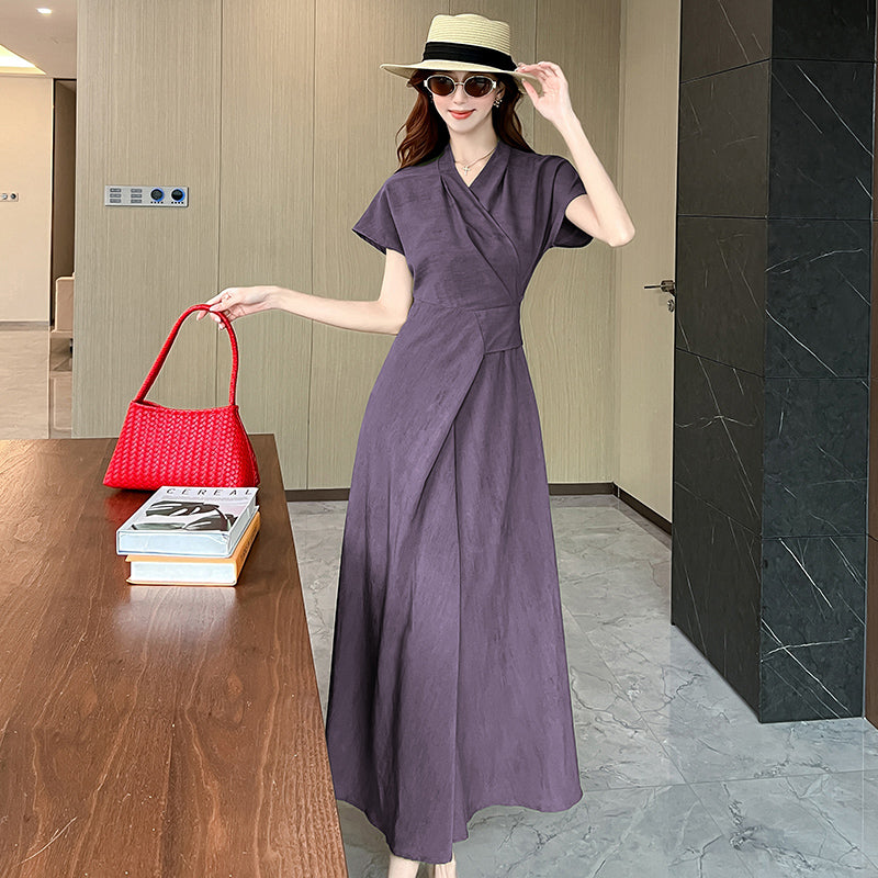 Sleeveless & Short Sleeve Overlap Collar A-Line Maxi Dress for Women