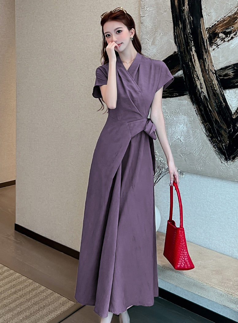 Sleeveless & Short Sleeve Overlap Collar A-Line Maxi Dress for Women