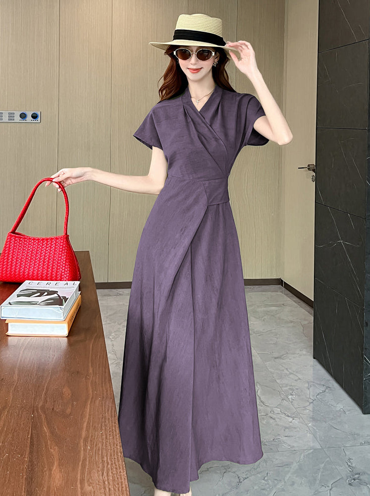 Sleeveless & Short Sleeve Overlap Collar A-Line Maxi Dress for Women