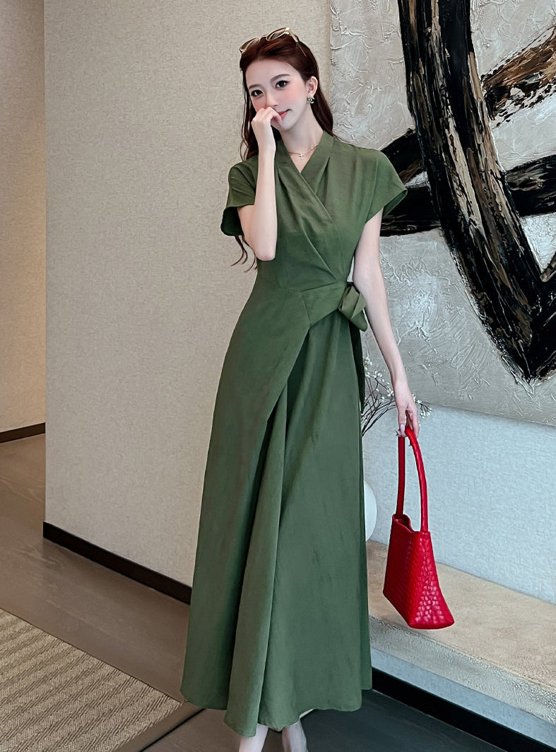 Sleeveless & Short Sleeve Overlap Collar A-Line Maxi Dress for Women