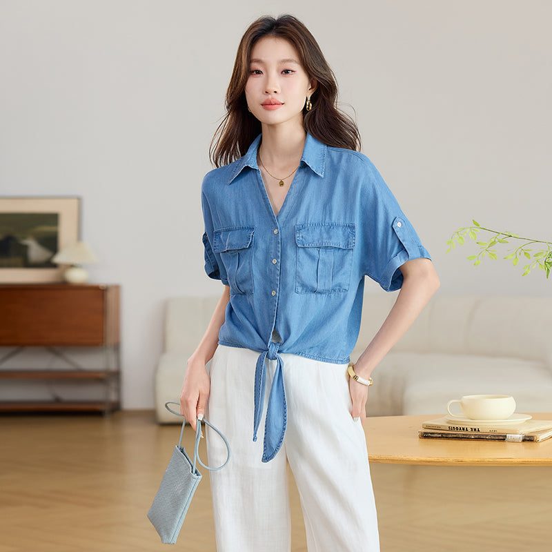 Short Sleeve Tie-Front Denim Shirt with Flap Pockets